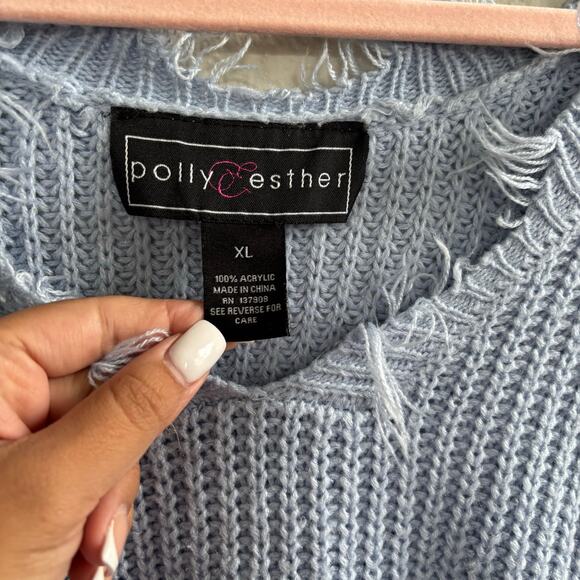 Polly & Esther Star Baby Blue Raw Hem Distressed Knitted V-neck Sweater Size XL - Picture 9 of 13